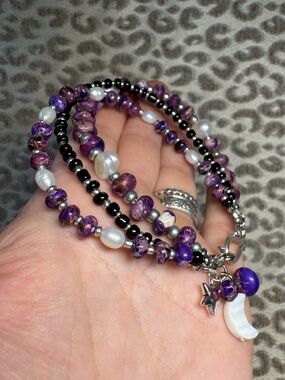 Purple Imperial Jasper Crystal Gemstone Pearl  3 Strand Bracelet *Inner Peace*